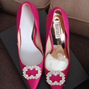 Badgley Mischka Pink Satin Heels with Crystal Embellishment
